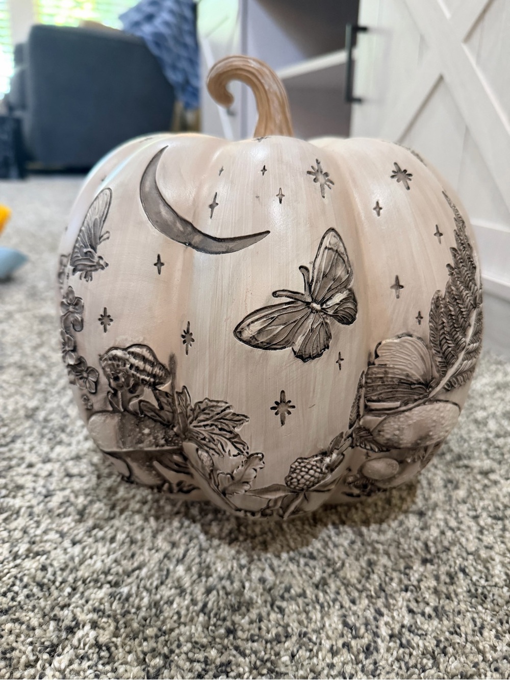 Hand-Painted Cream Decorative Pumpkin with Moon & Butterflies